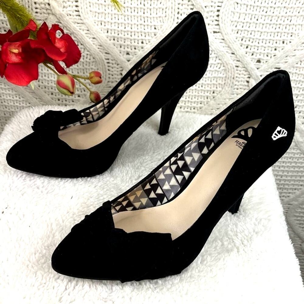 FERGALICIOUS Black Pointed Toe Faux‎ Suede Tie Stiletto Heel Pumps Sz 7.5 Formal
